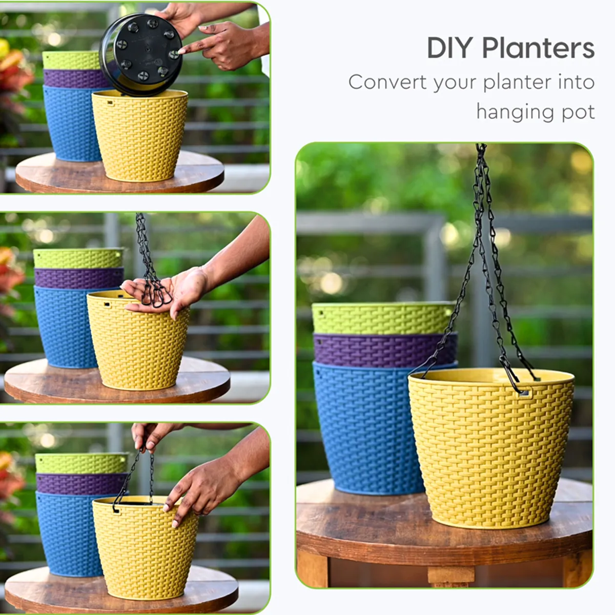 Yellow textured planter shown with detachable hanging chain