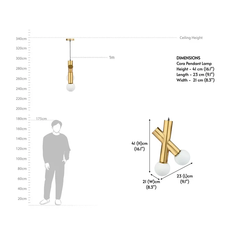 Dimension illustration of the gold and white ceiling lamp