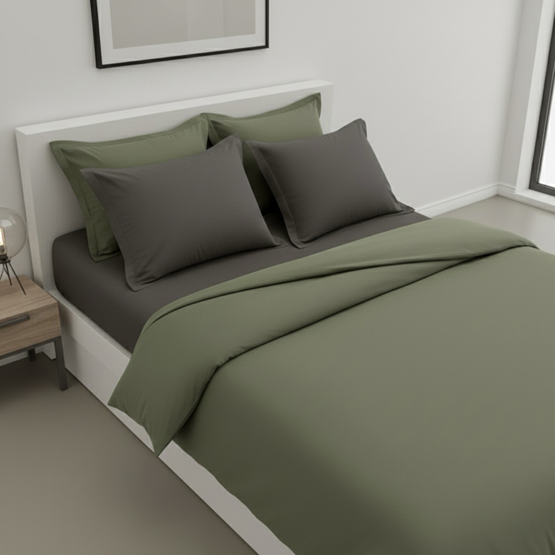 Soft Dusk Cotton Bedding Set (Olive Green,Grey) - Six Piece Set - King