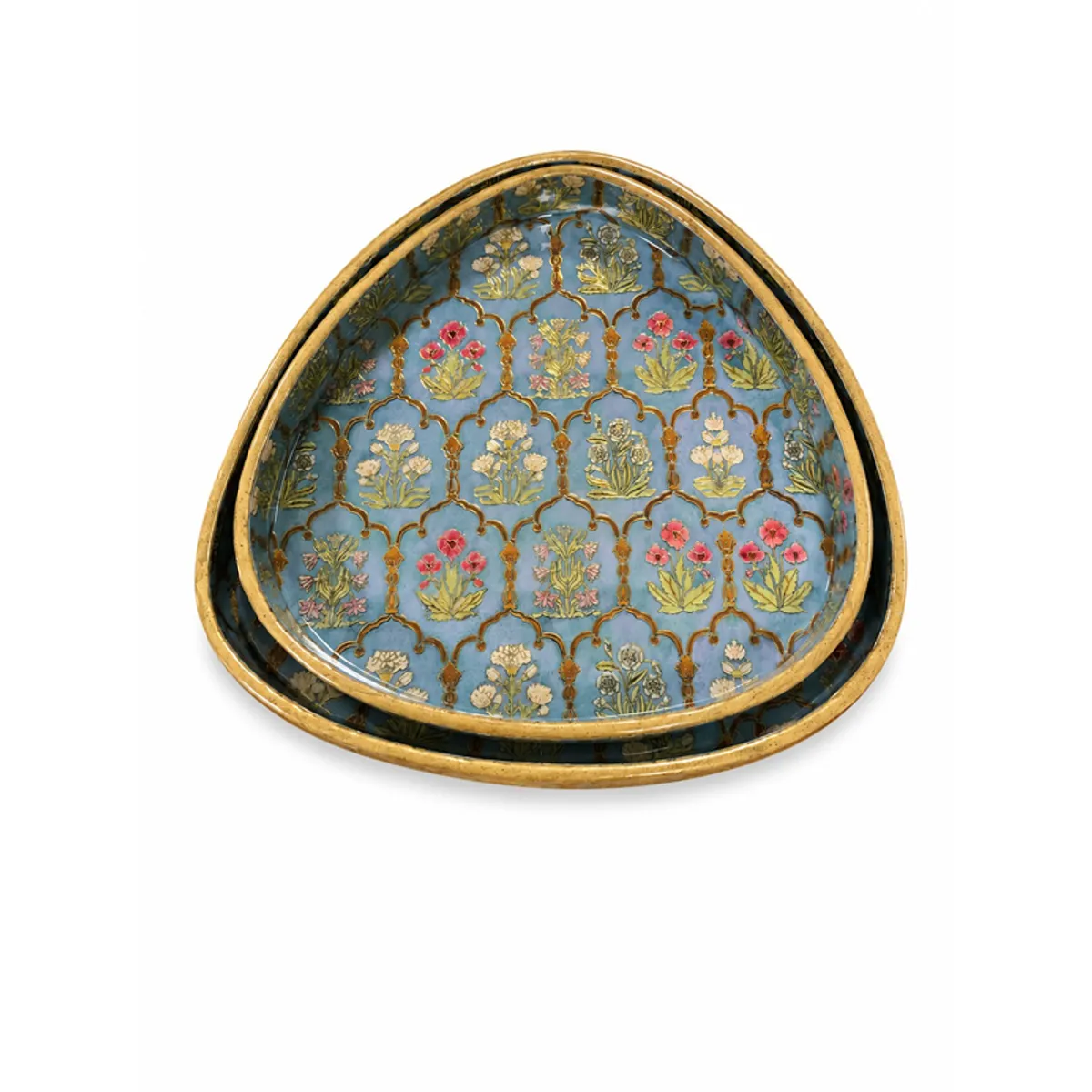 Two blue floral trays nested together, showing their antique-gold rims