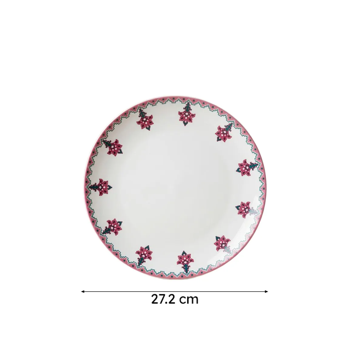 Single pink and white floral dinner plate on a plain background
