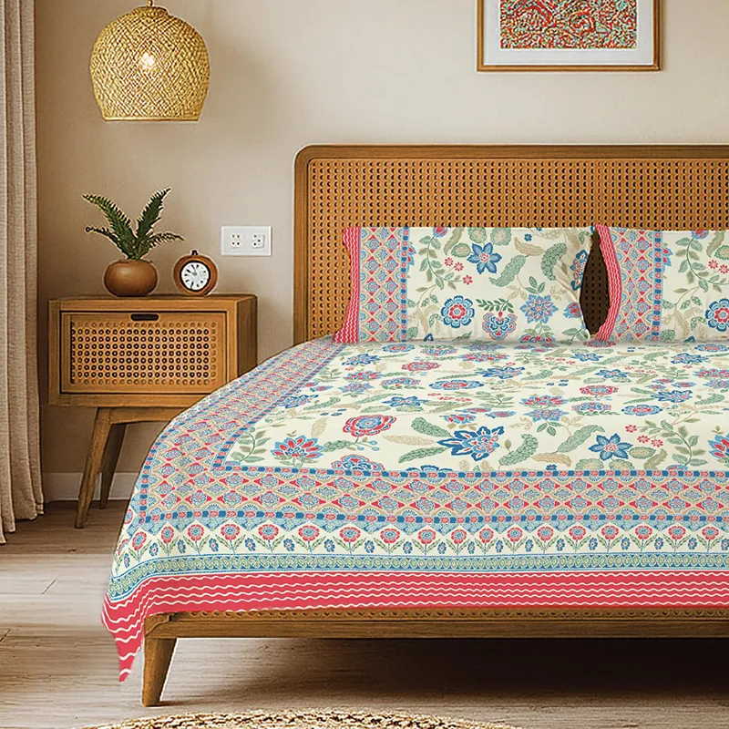 Multicolour floral bedsheet with matching pillow covers styled on a wooden bed