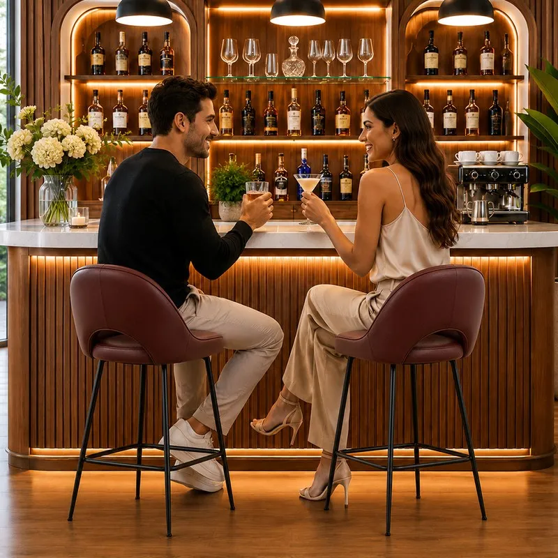 Two brown bar chairs placed at a bar counter