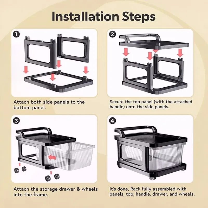 Illustrated assembly steps for a black storage rack with drawers and wheels