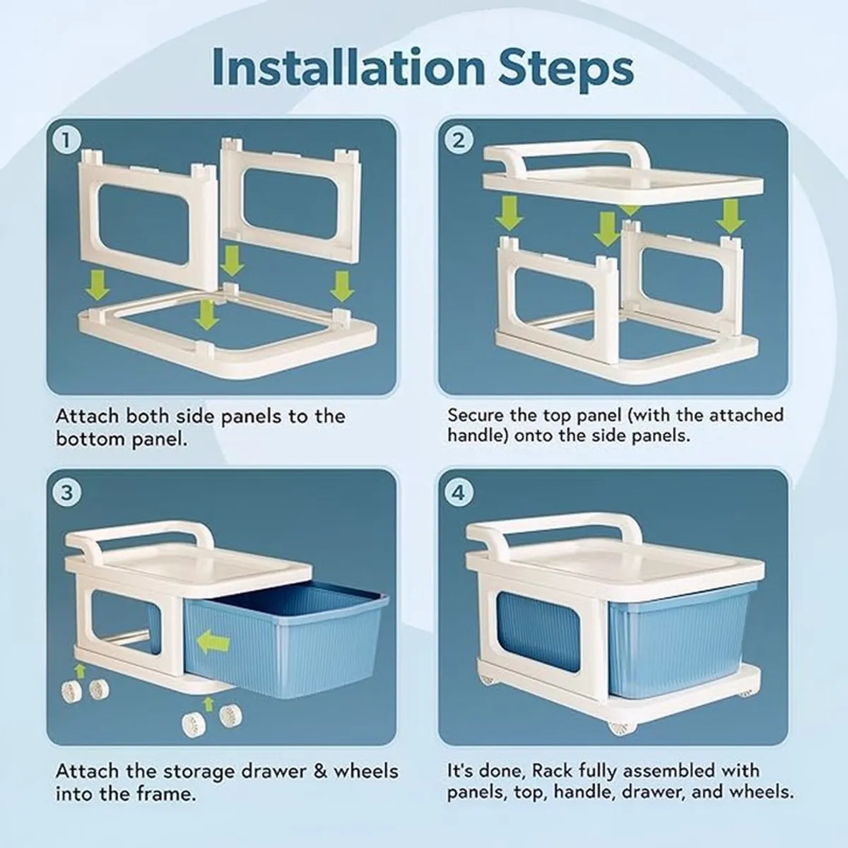 Illustrated assembly steps for a storage rack with panels, drawers and wheels