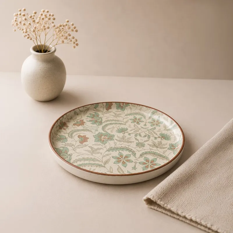 Angled view of a round patterned ceramic dinner plate on a neutral setting