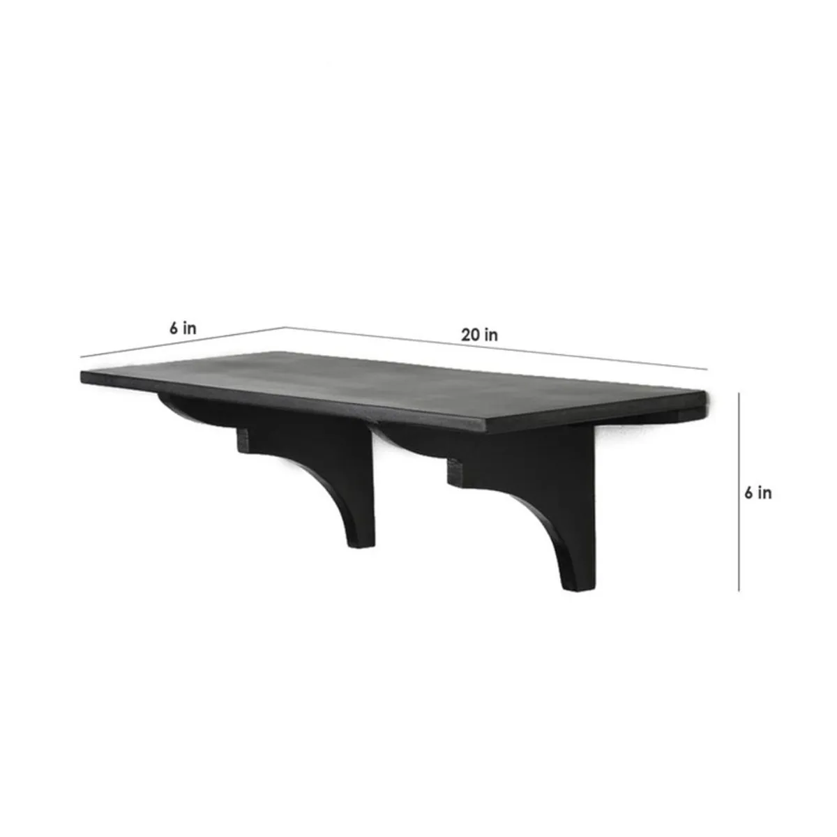 Black wooden wall shelf shown with dimension markings in the image