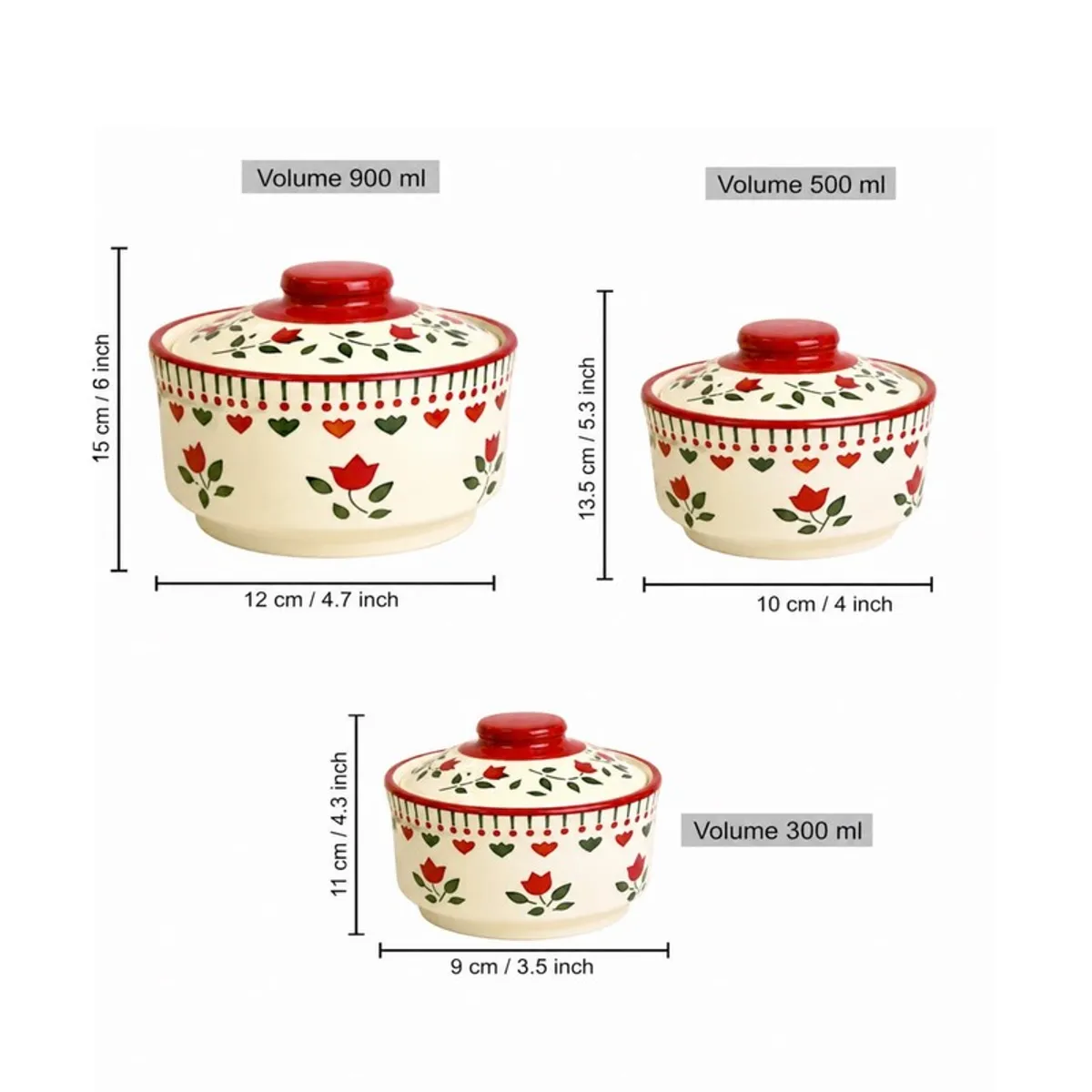 Dimension diagram showing the 900 mL, 500 mL and 300 mL floral ceramic bowls