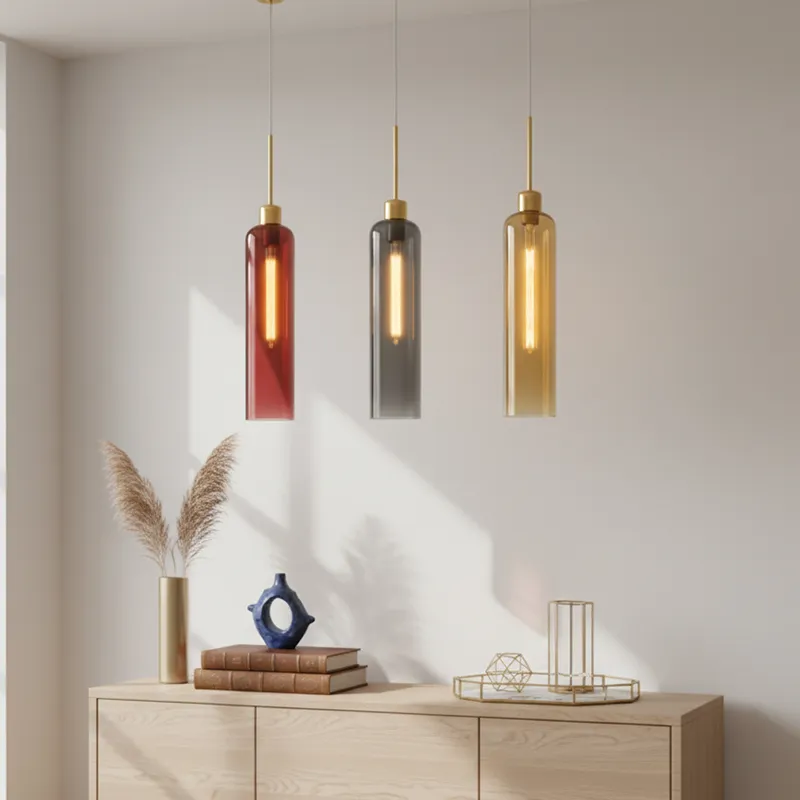 Contemporary trio pendant lamp with red, grey and amber glass shades