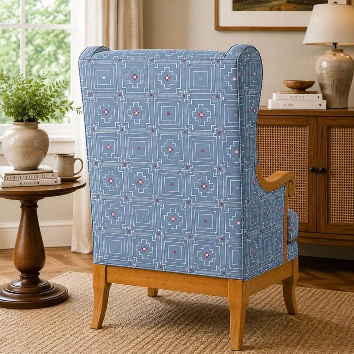 Back view of the blue geometric-patterned lounge chair with teak frame