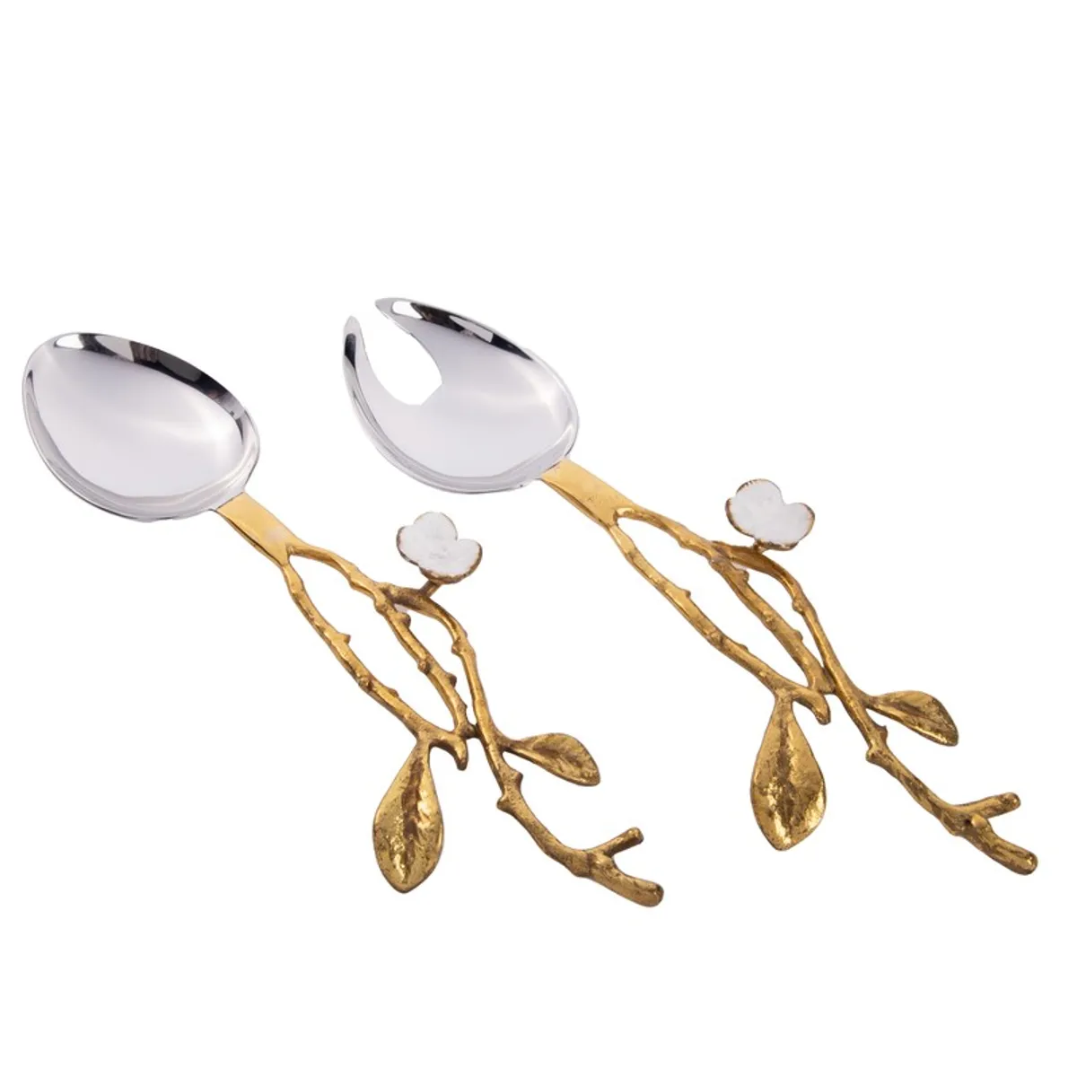 Two floral branch salad servers shown against a white background