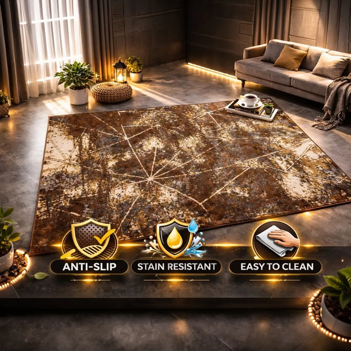 Brown and beige abstract carpet in a moody living room setting
