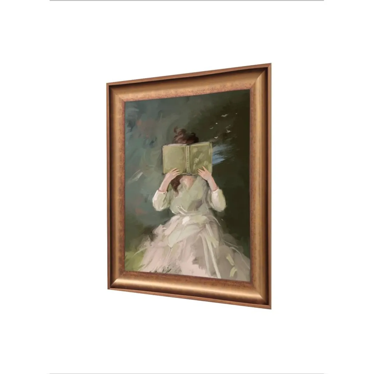 Angled view of the framed Hidden Reader canvas wall painting