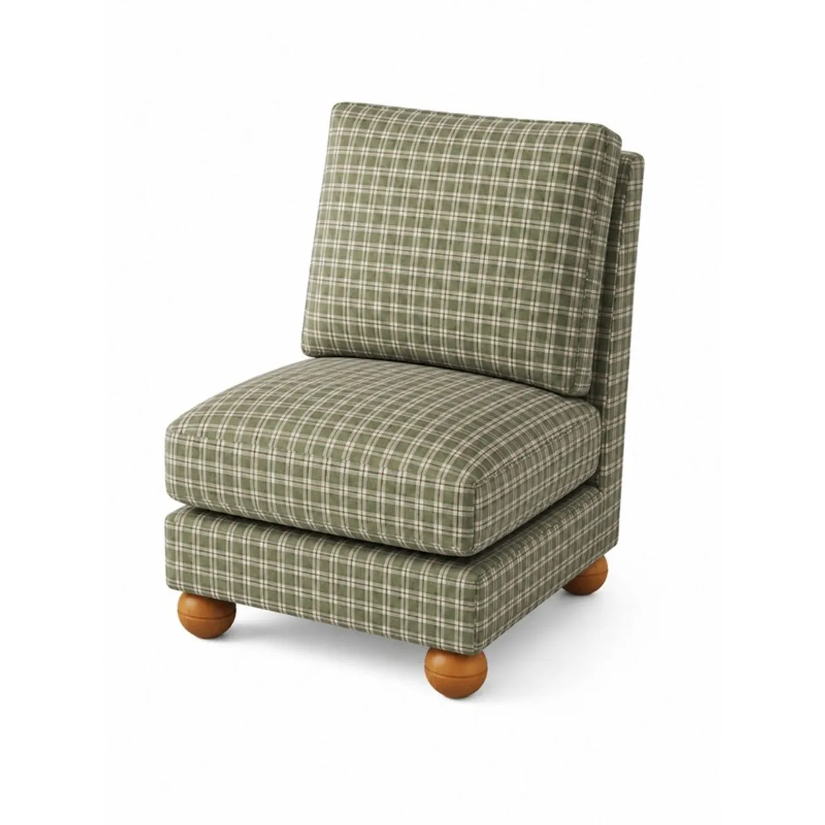 Rear angled view of a green checked accent chair with wooden feet