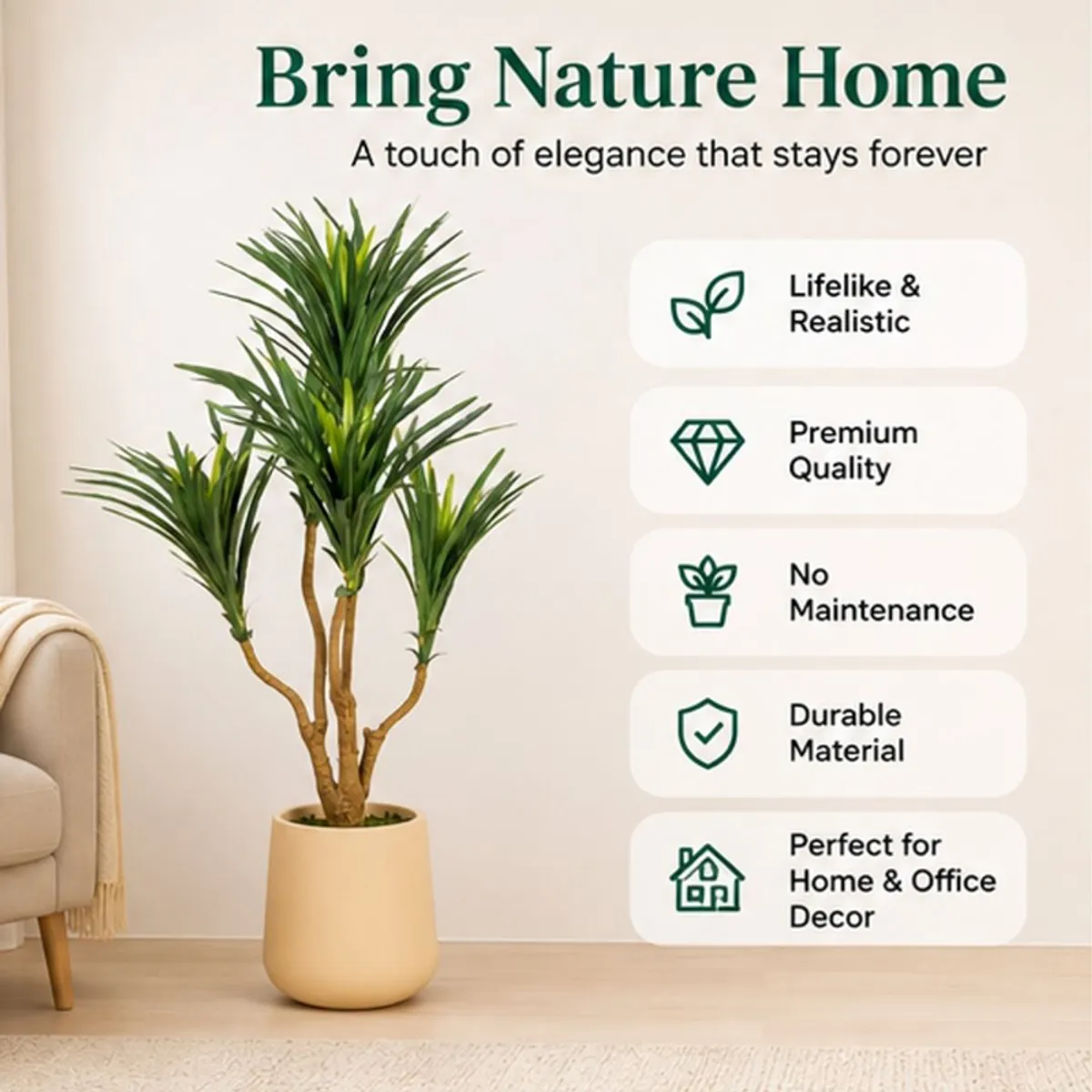 Artificial yucca plant shown beside text highlighting its lifelike, low-maintenance design