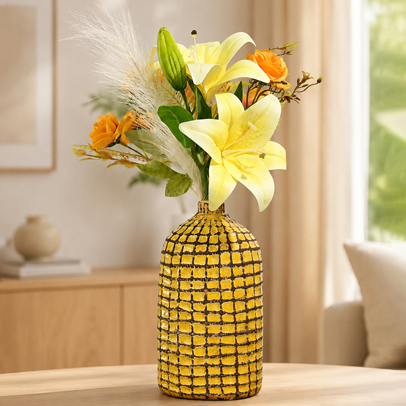 Alabaster Grid Ceramic Vase - Yellow