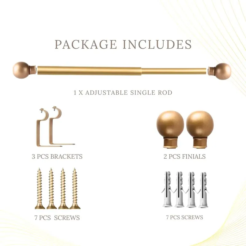 Gold curtain rod, finials, brackets and mounting hardware arranged on a white background.