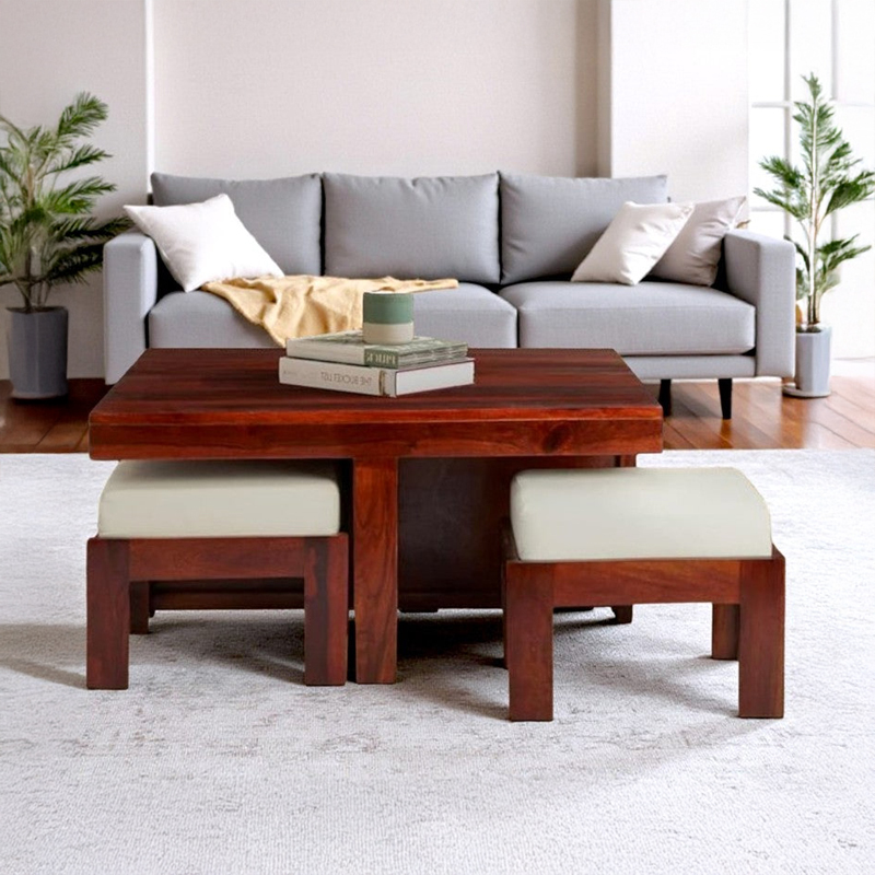 Evrino Sheesham Wooden Center Table with Stools and Cushions (Deep Brown) - Nine Piece Set