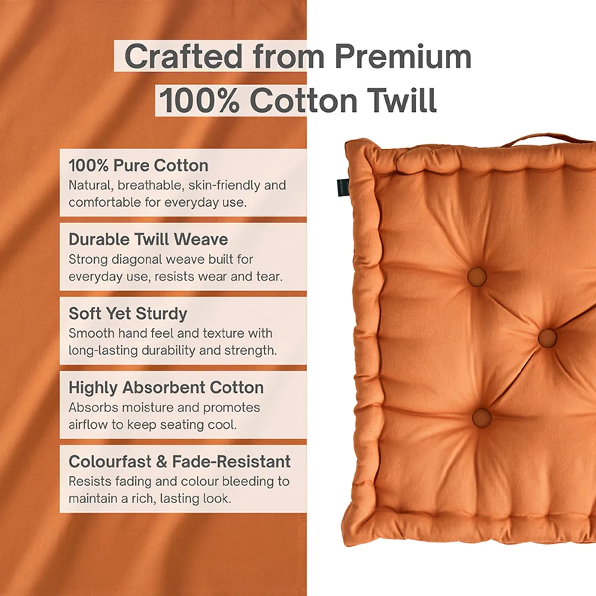 Close-up of brown cotton cushion fabric and tufted button detailing