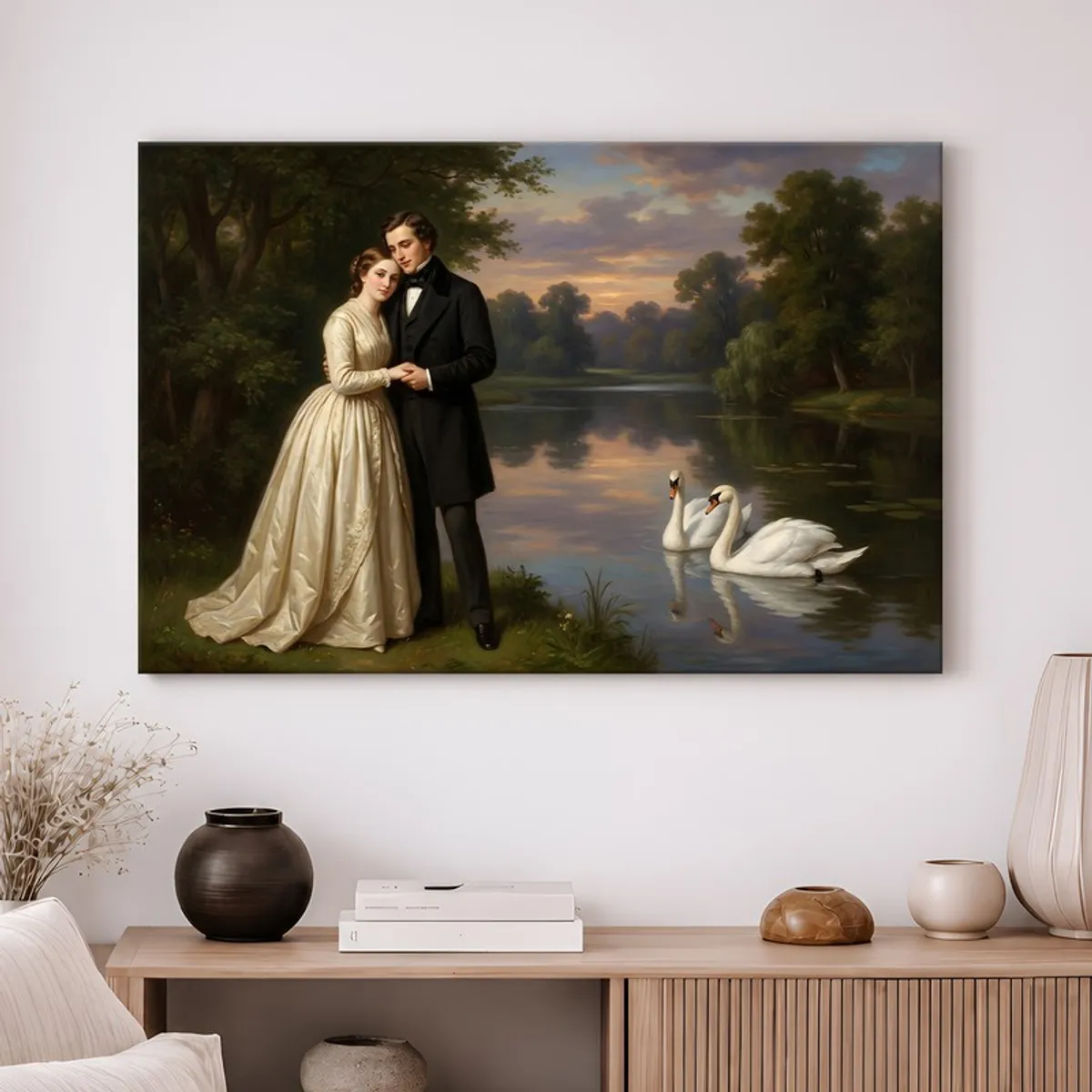 Vintage-style lakeside painting with a couple and swans displayed in a styled interior