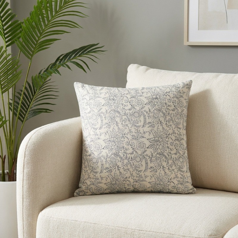 Rose Vine Printed Cotton Cushion Cover - White,Blue
