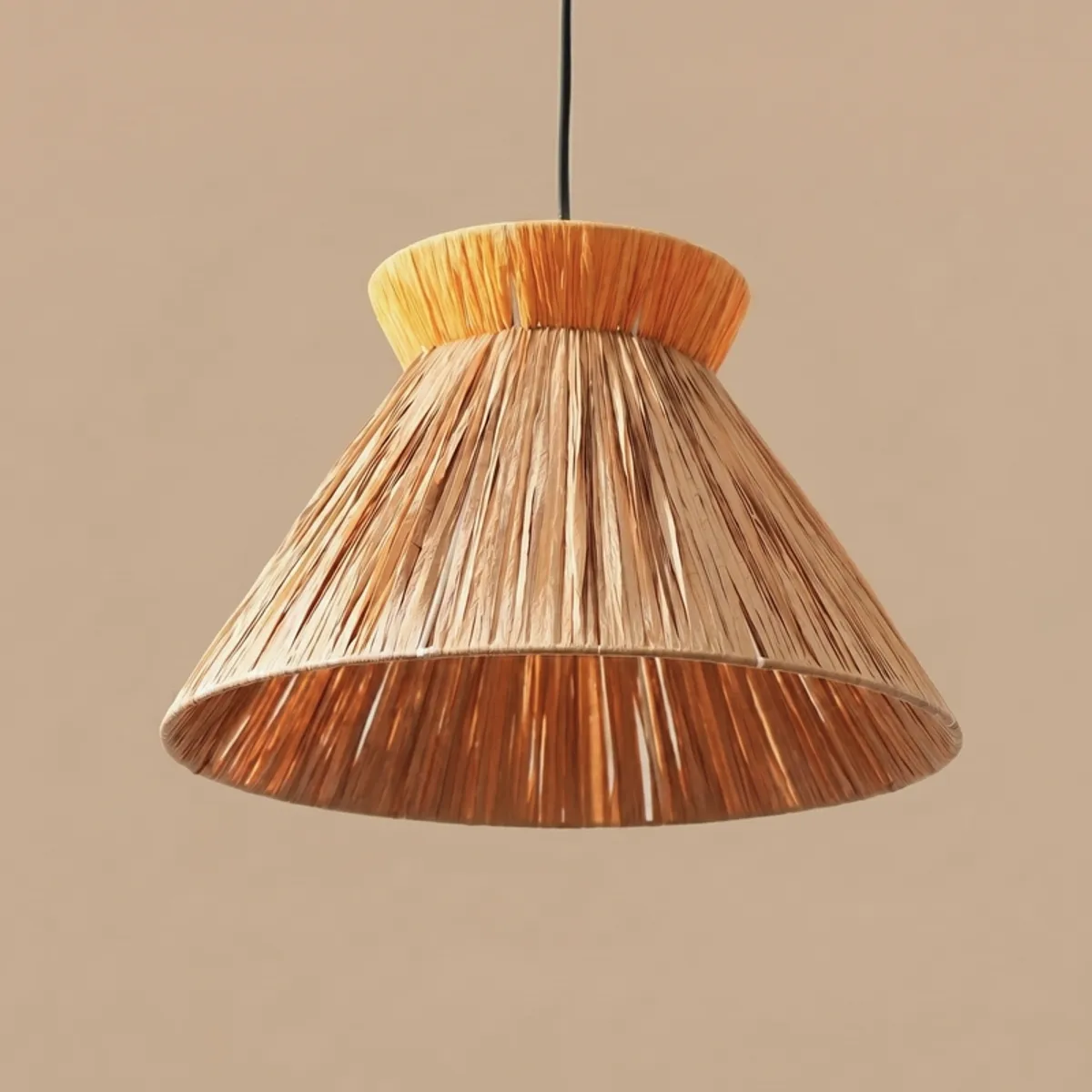 Close-up of the orange and brown rattan lamp shade