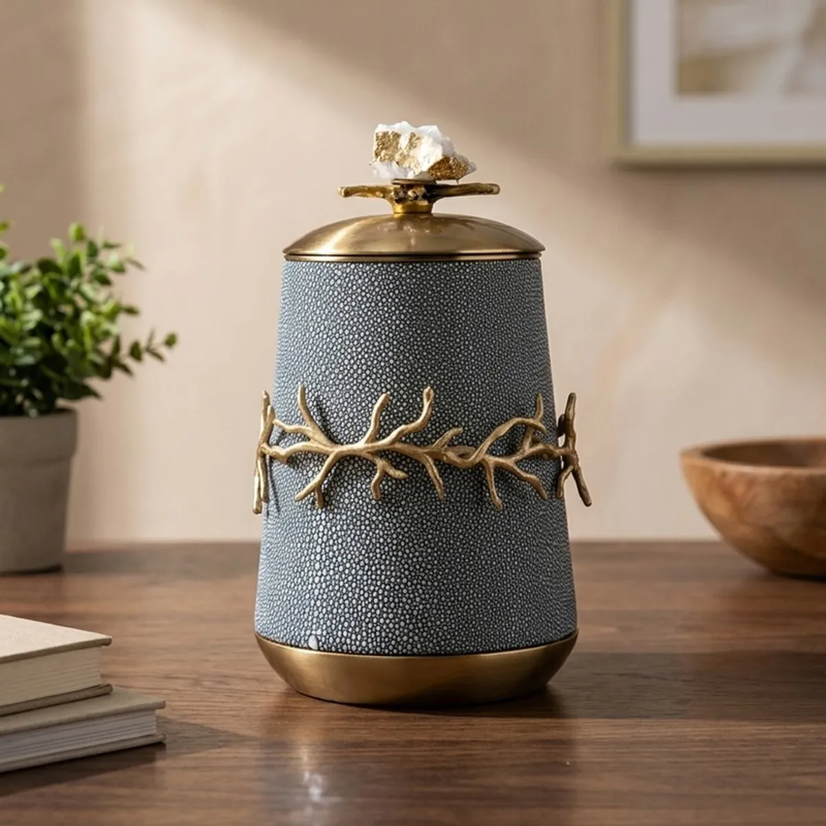 Tall blue and gold lidded showpiece with branch-like detailing