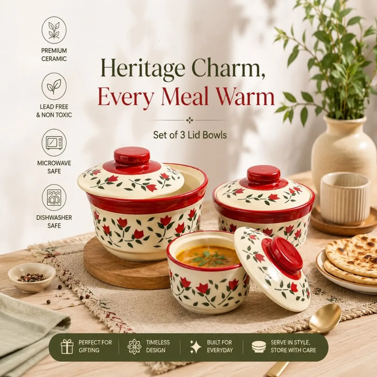 Red floral ceramic bowls with lids shown with serving food and dining accents