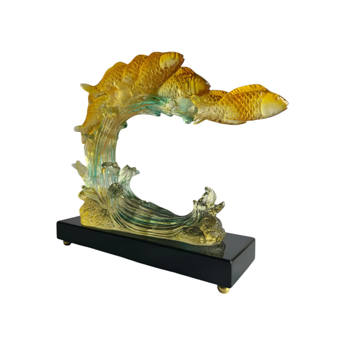Side view of the yellow koi wave showpiece on its black base