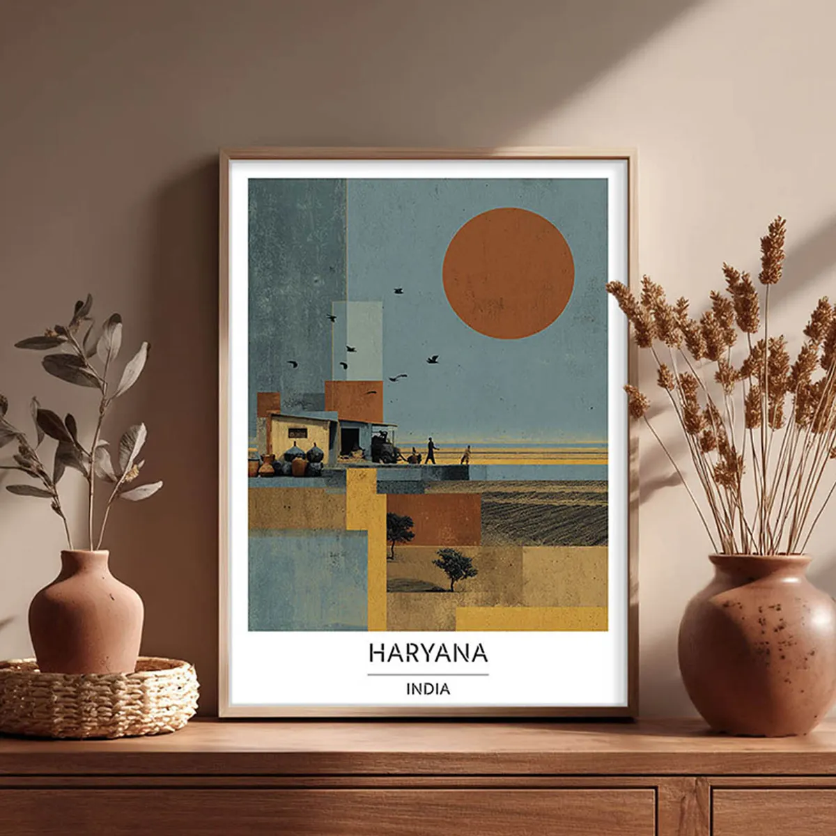 Framed Haryana wall art with blue and earthy abstract landscape composition