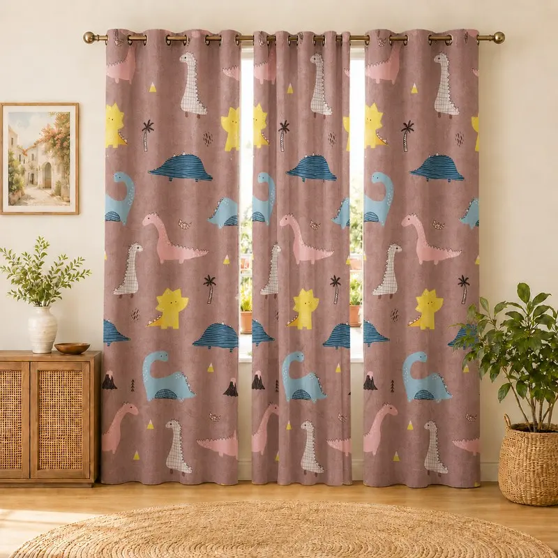 Dino Ground Printed Cotton Curtains - Set of Three - Door - 7 Feet