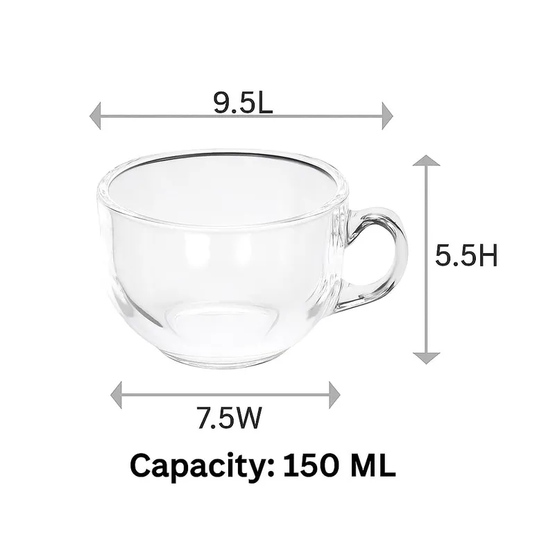 Transparent glass tea cup with illustrated length, breadth, height and capacity details