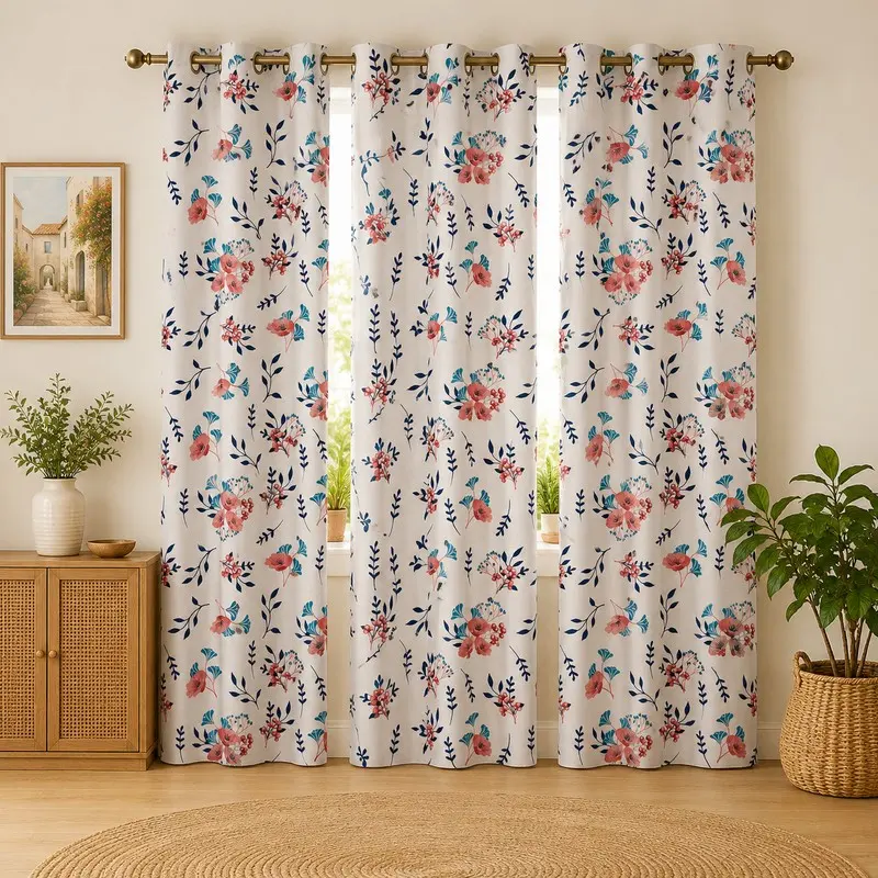 Bloom Veil Printed Cotton Curtains (Pink) - Set of Three