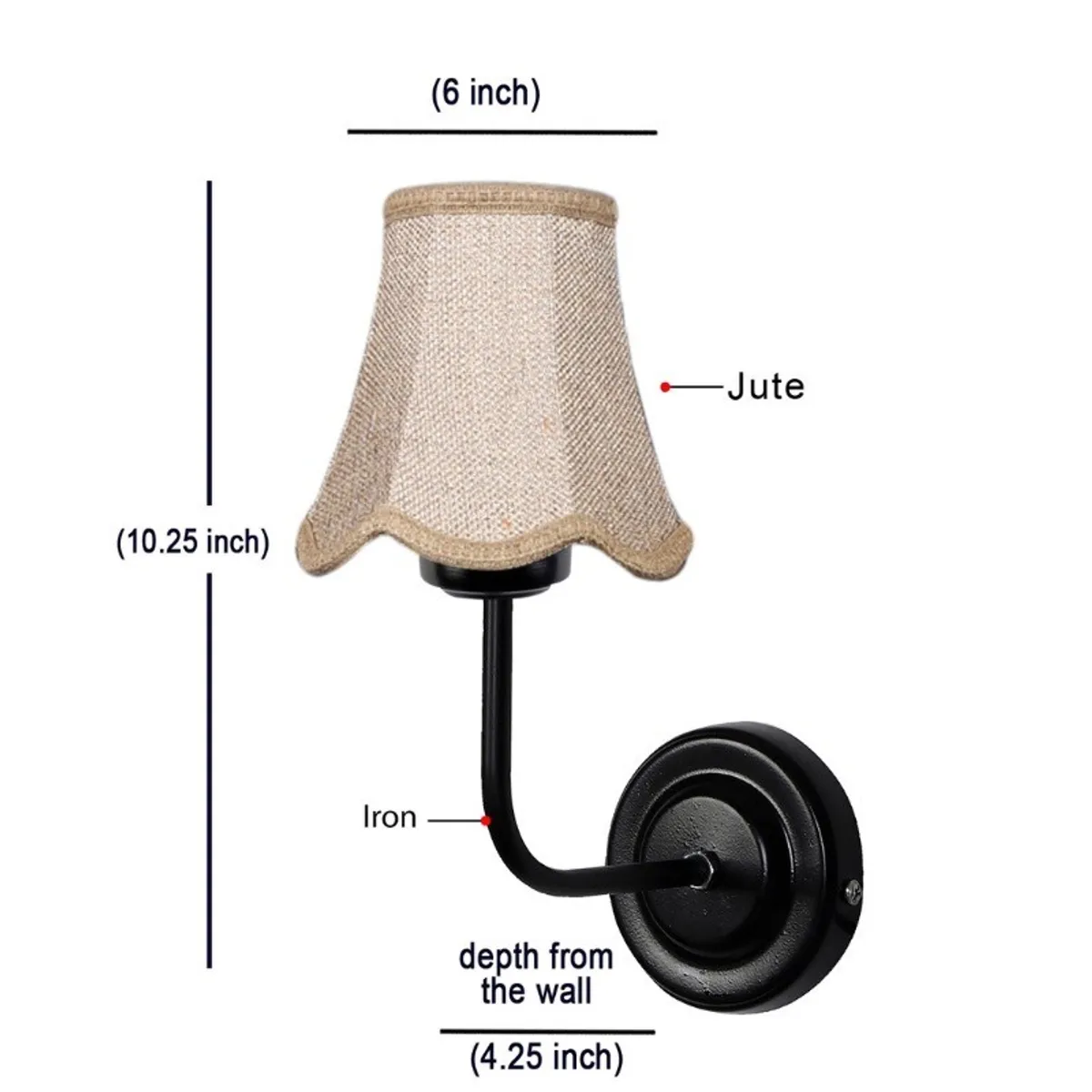 Wall lamp with beige jute shade, black iron base and dimension labels