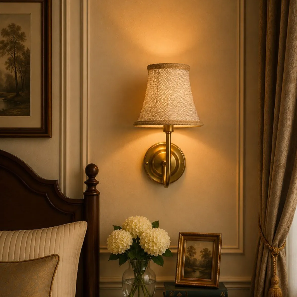 Beige jute wall lamp glowing above a bedside table in an elegant bedroom
