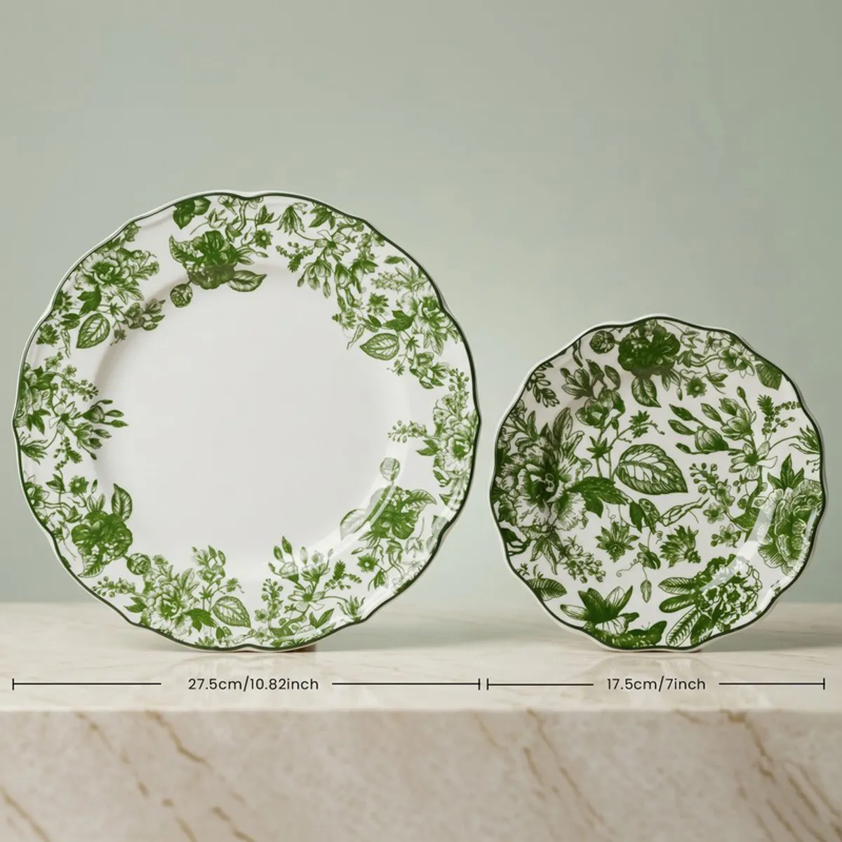 Large and small green floral plates shown side by side