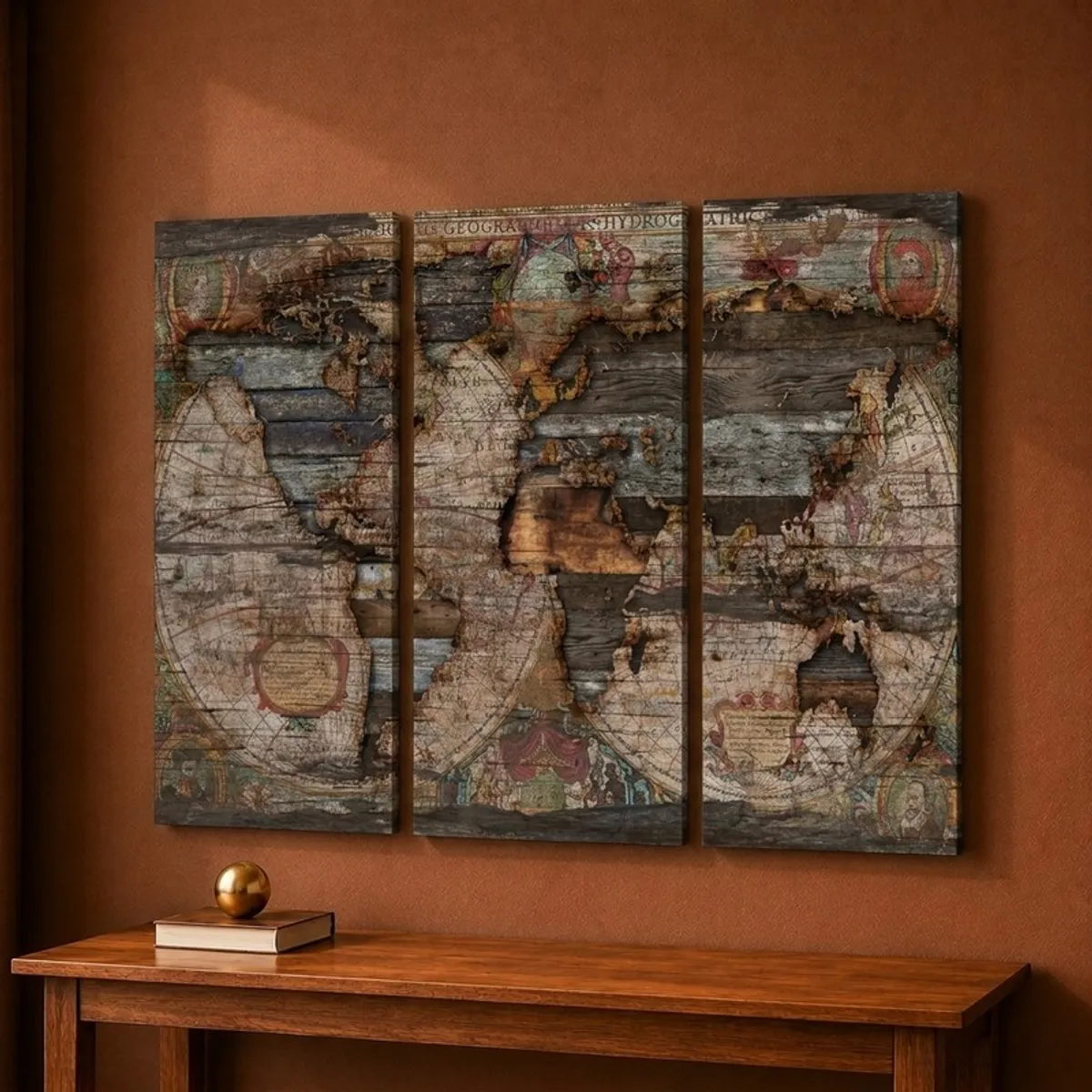 Three-panel vintage world map canvas wall art in brown tones on a wall