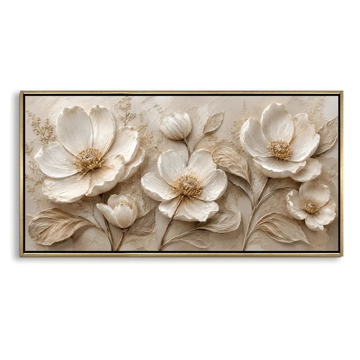 Rectangular ivory blossom canvas wall painting with a slim gold frame