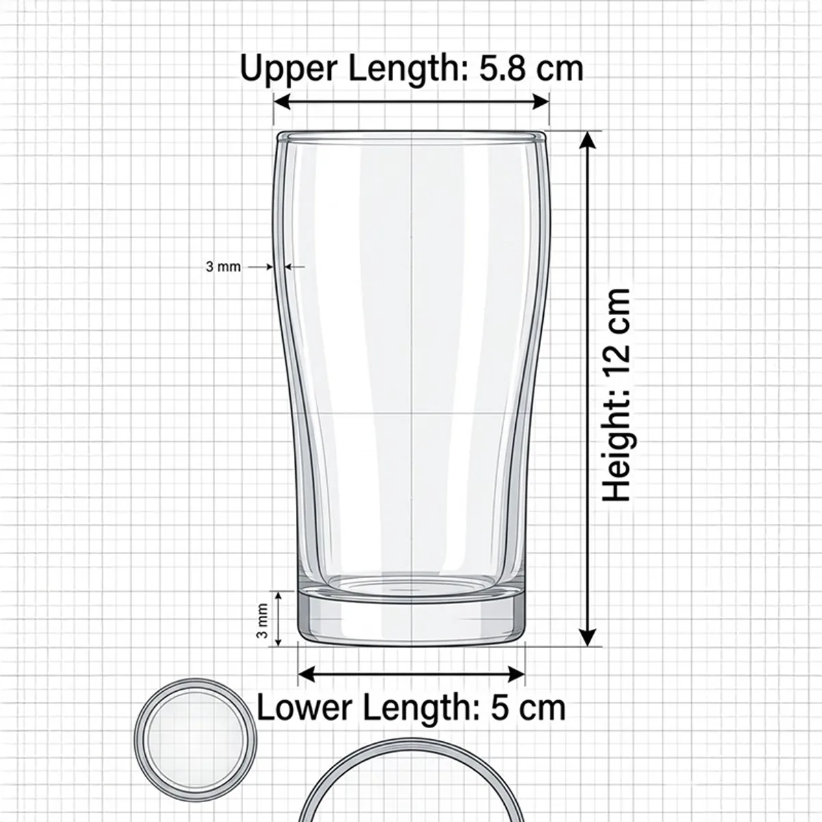 Close-up view of a clear cylindrical drinking glass showing its rounded stable base.