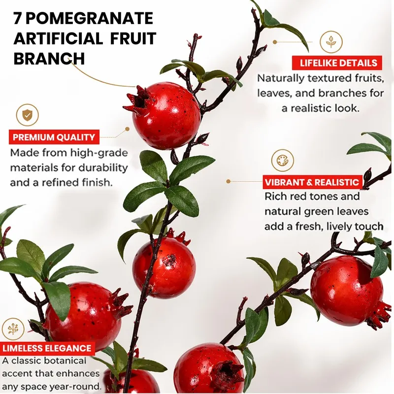 Close-up poster-style image of artificial pomegranate branch with red fruit