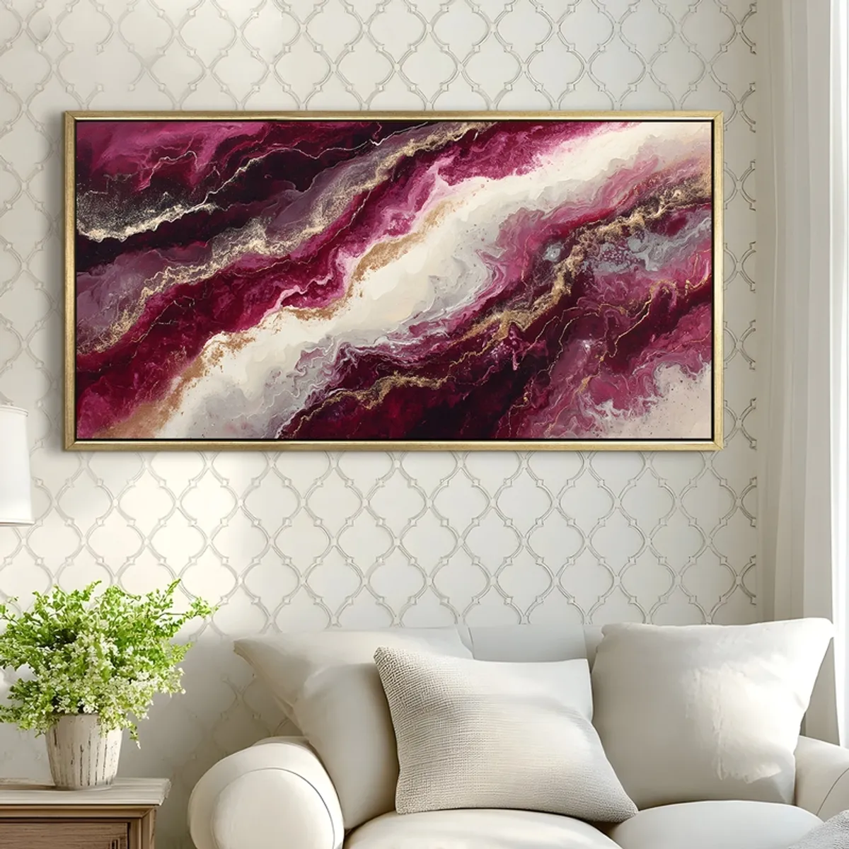 Large framed abstract painting in berry and white tones on a patterned wall