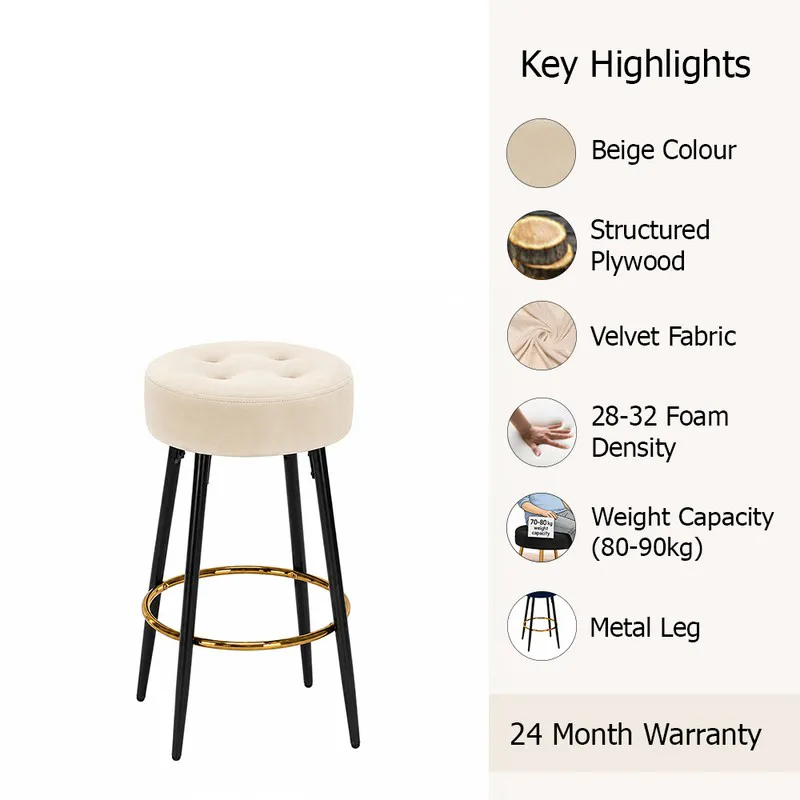 Off-white round bar stool shown beside printed highlight icons