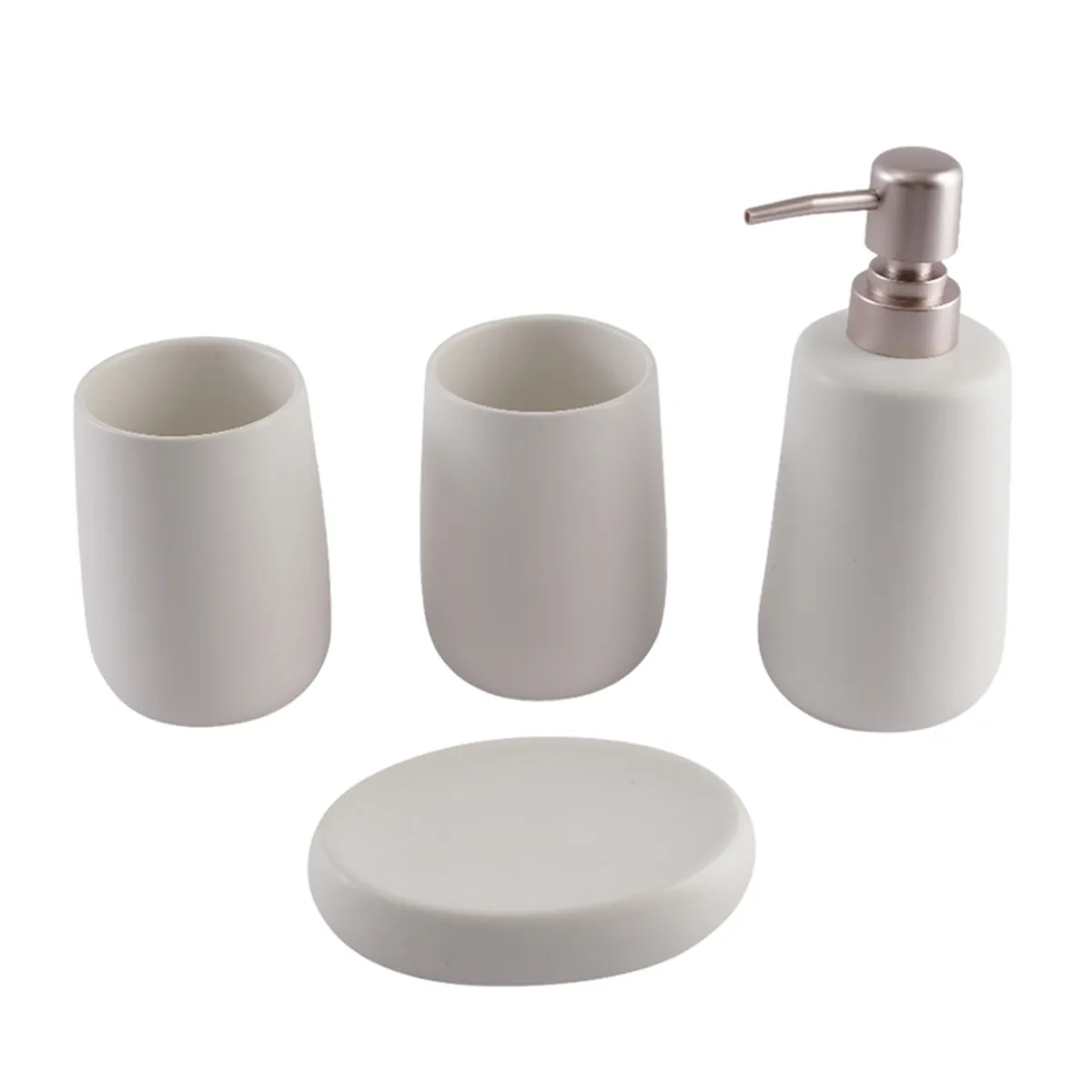 Four white ceramic bathroom accessories displayed against a plain white background