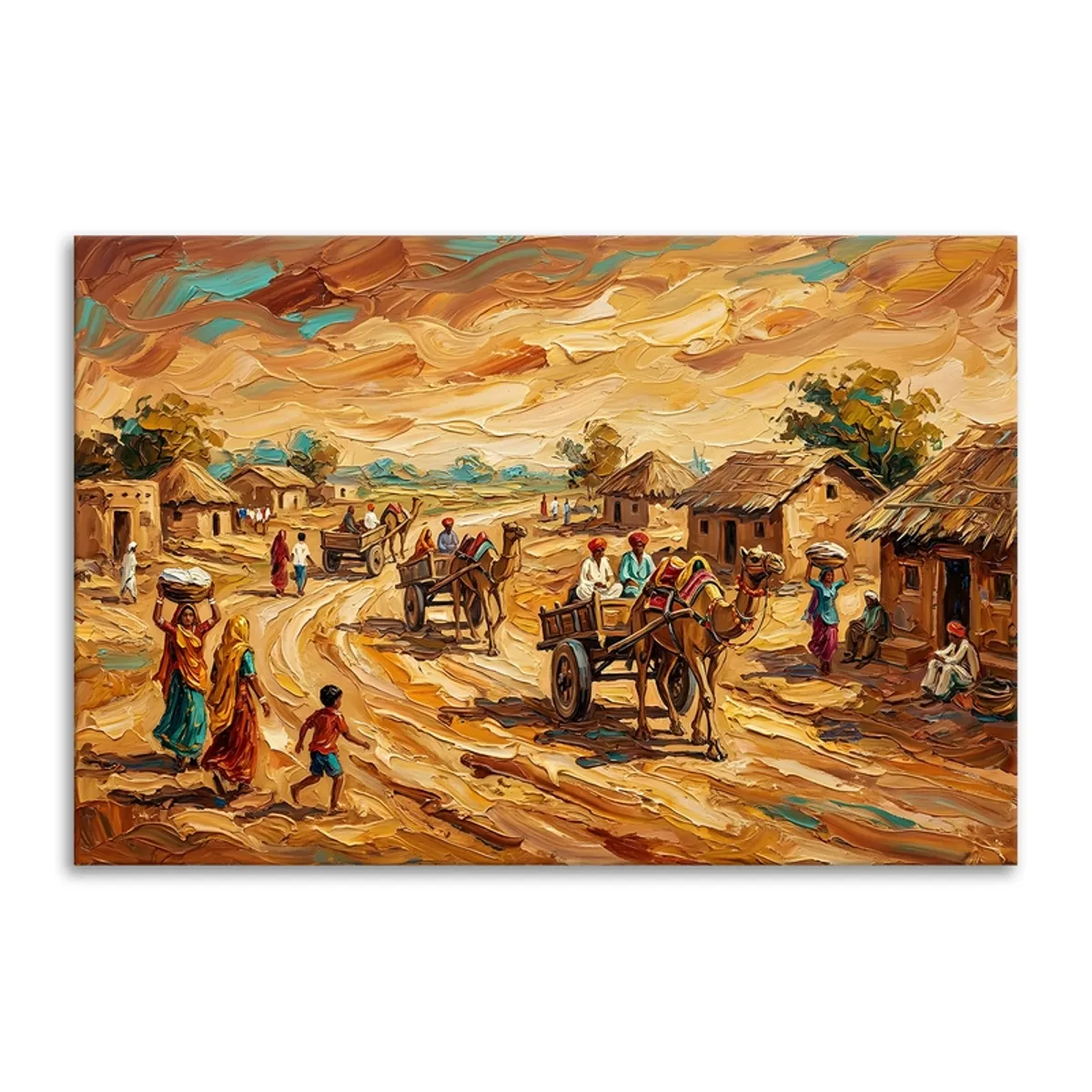 Rectangular canvas painting showing a Rajasthani village scene with carts and huts