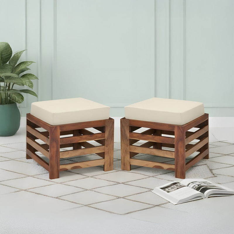 Synex Sheesham Wooden Stools With Cushions (White) - Set of Two
