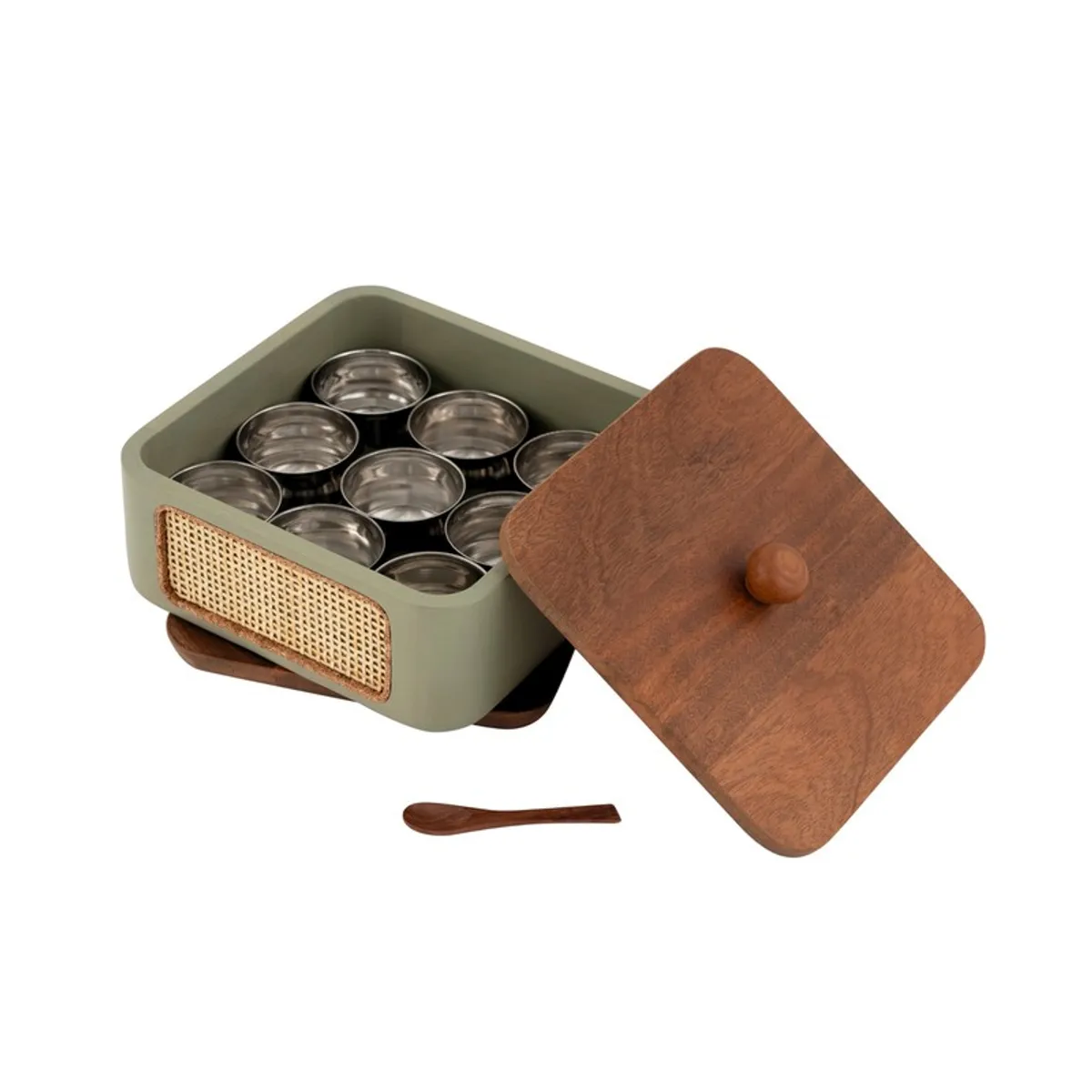 Open masala box showing metal spice cups, wood lid and spoon