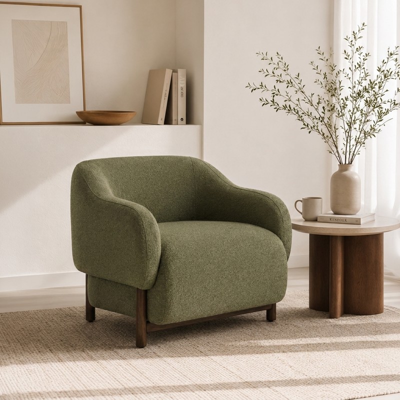 Silhouette Teak Wood & Suede Accent Chair - Sage Green