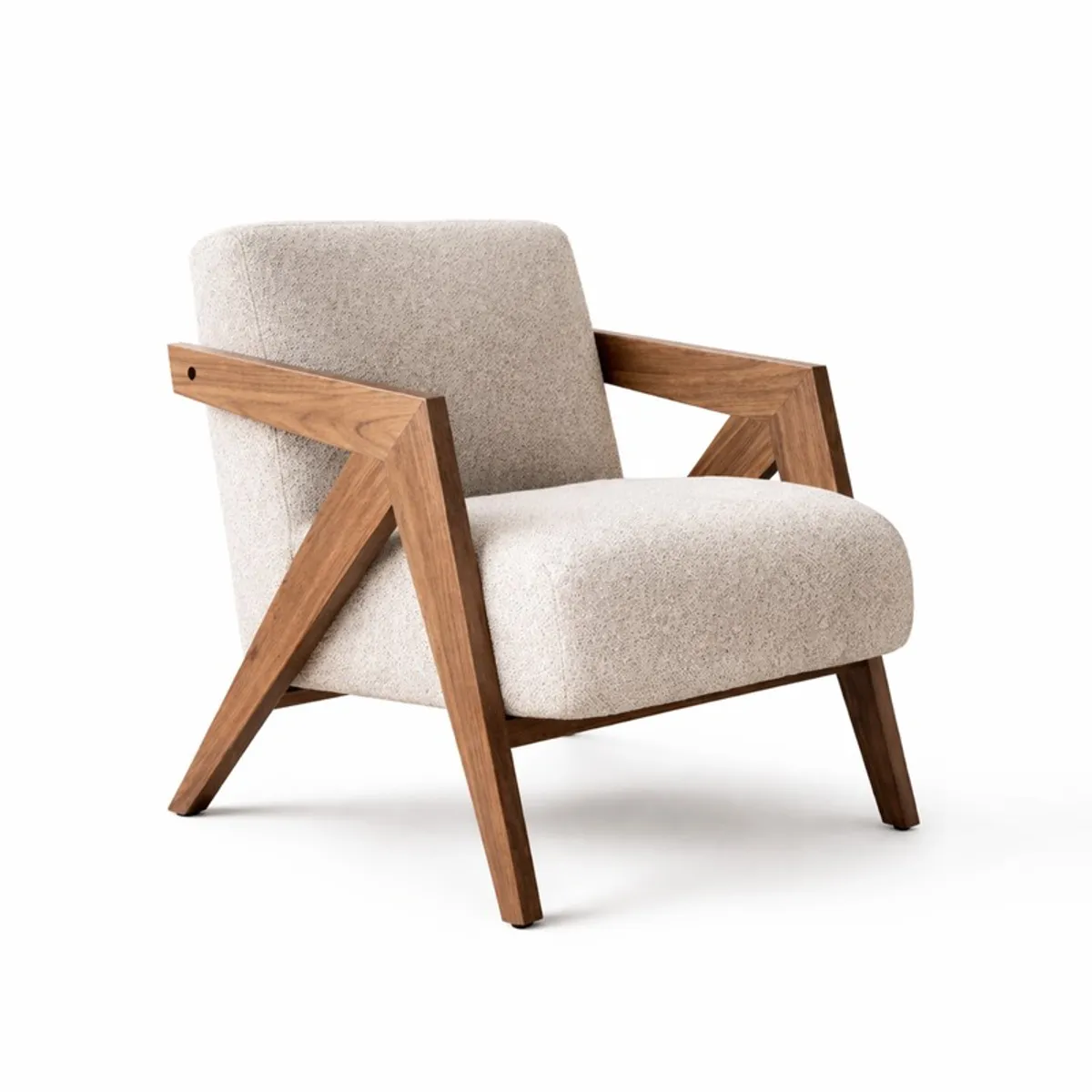 Front three-quarter view of a white upholstered teak wood accent chair