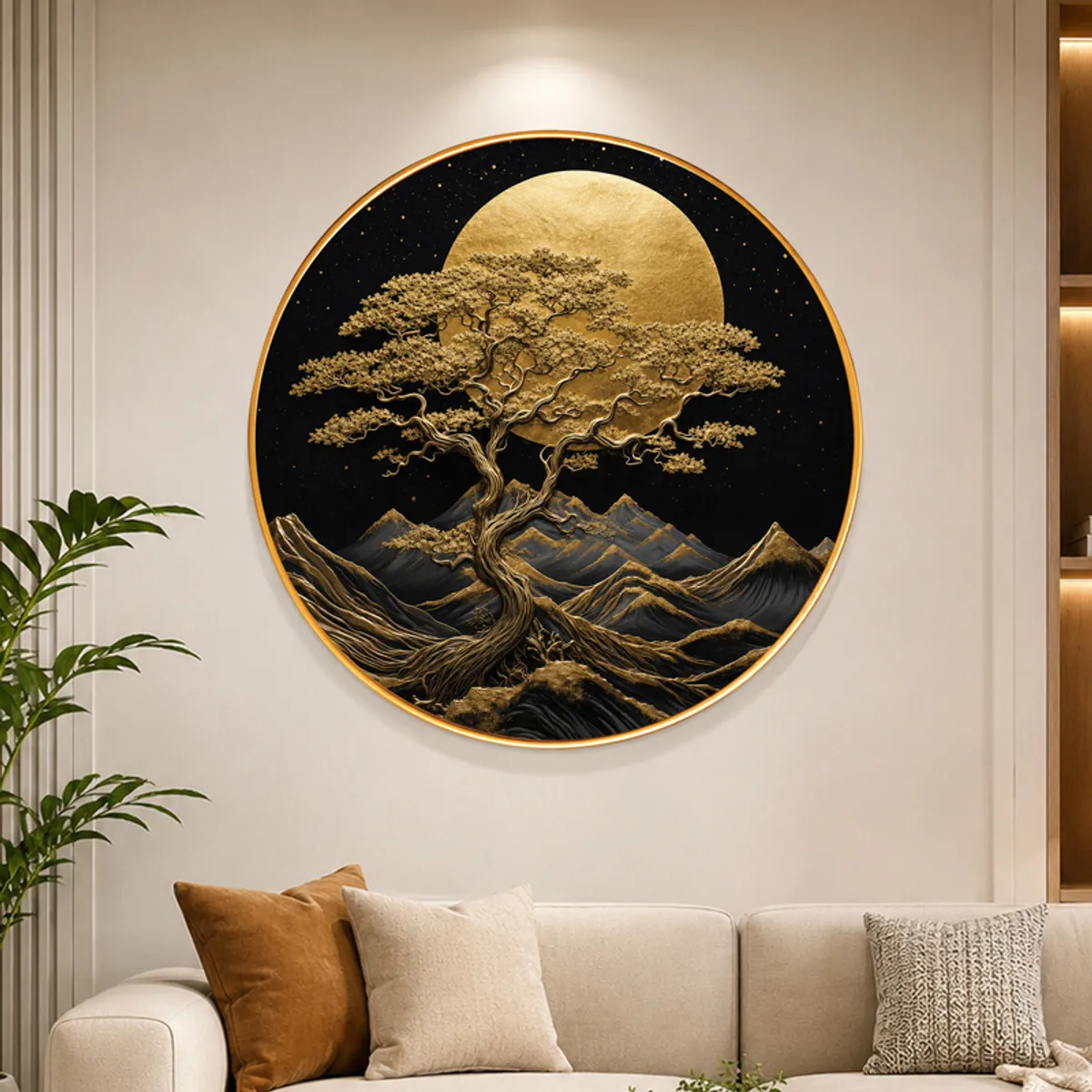 Large round black and gold bonsai wall art displayed above a beige sofa