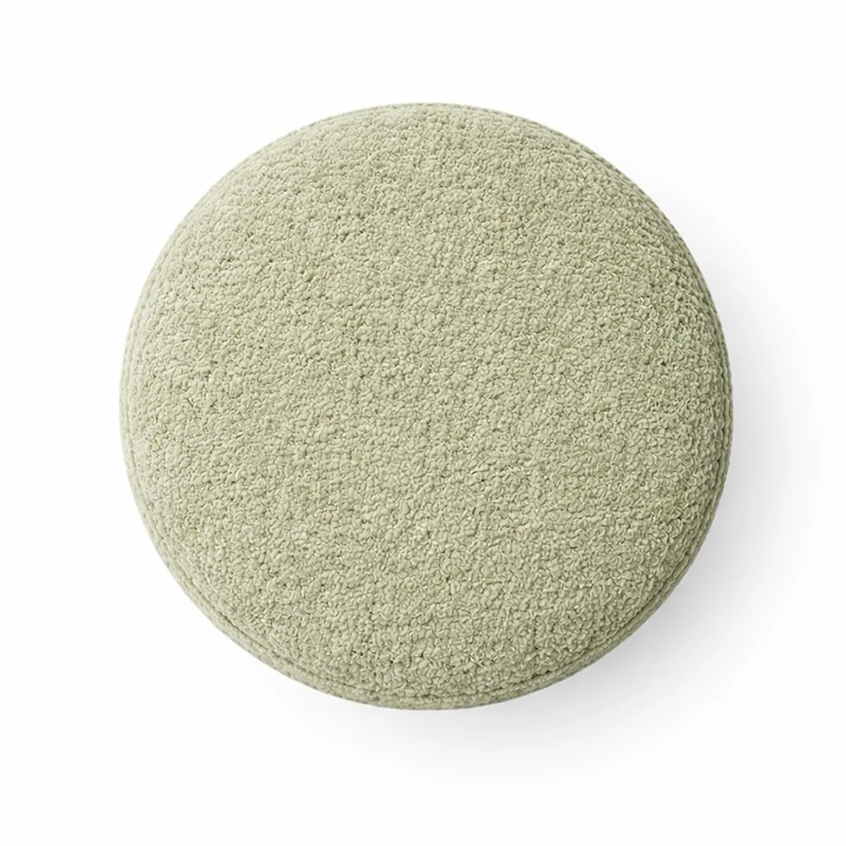 Top view of round sage green bouclé ottoman